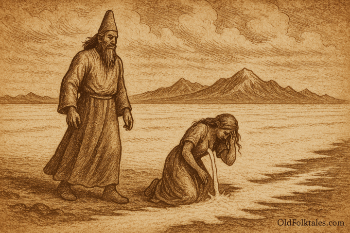 Sepia-toned parchment-style illustration of Bolivian god Tunupa standing solemnly on the Altiplano as his humiliated wife kneels, pouring white milk onto the earth that crystallizes into the vast Salar de Uyuni salt flat under a dramatic sky; "OldFolktales.com" inscribed in the bottom right corner.