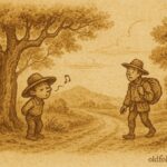 Parchment-style illustration of El Duende whistling on a colonial road in Nicaragua.