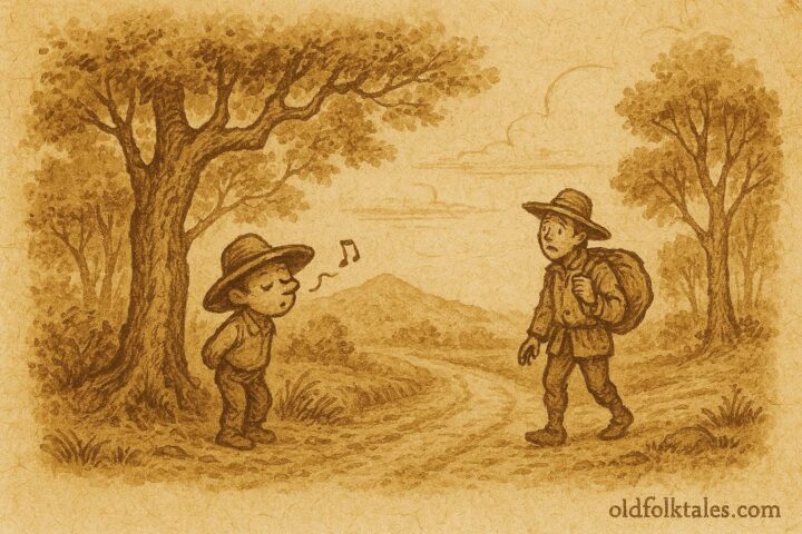Parchment-style illustration of El Duende whistling on a colonial road in Nicaragua.