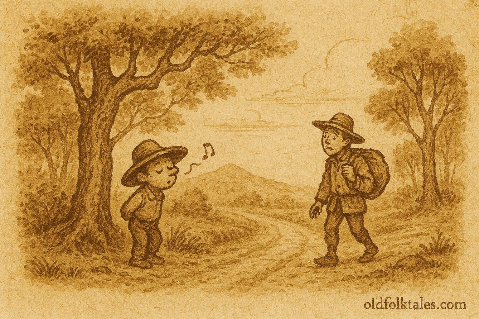 Parchment-style illustration of El Duende whistling on a colonial road in Nicaragua.