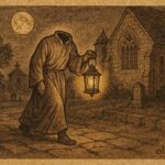 Parchment-style illustration of El Padre sin Cabeza carrying a lantern in León, Nicaragua.