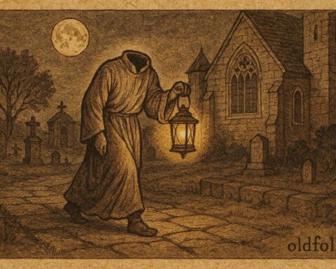 Parchment-style illustration of El Padre sin Cabeza carrying a lantern in León, Nicaragua.