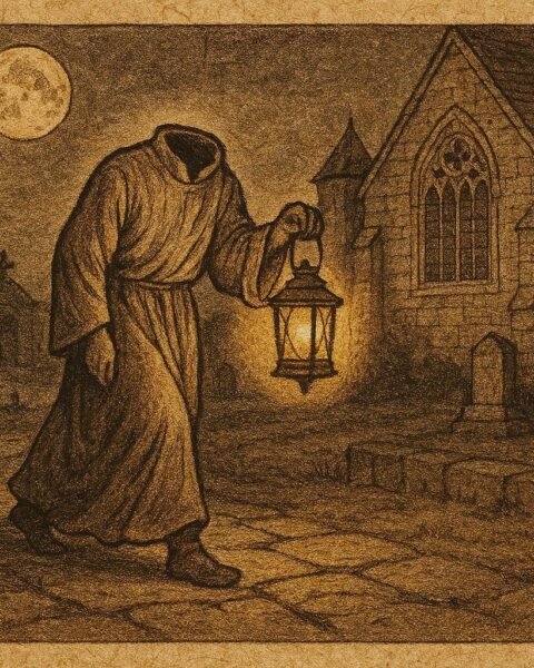 Parchment-style illustration of El Padre sin Cabeza carrying a lantern in León, Nicaragua.