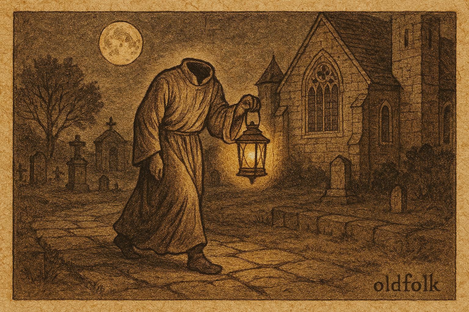 Parchment-style illustration of El Padre sin Cabeza carrying a lantern in León, Nicaragua.