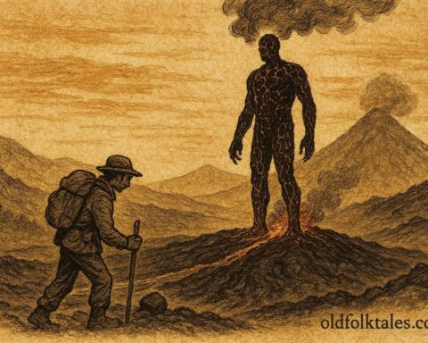 Parchment style artwork of volcanic guardian on Pacaya, Ladino Guatemalan folktale.