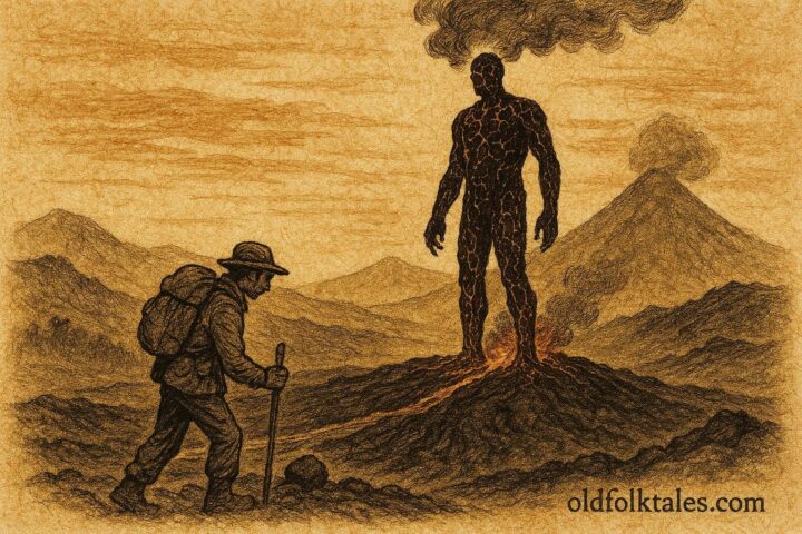 Parchment style artwork of volcanic guardian on Pacaya, Ladino Guatemalan folktale.