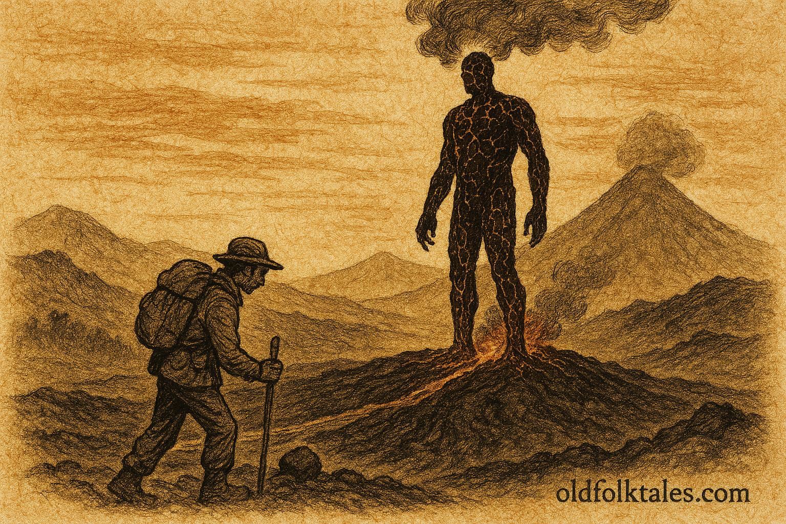Parchment style artwork of volcanic guardian on Pacaya, Ladino Guatemalan folktale.
