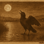 Sepia-toned illustration on aged parchment depicting a moonlit Paraguayan marsh. A solitary dark marsh bird stands in shallow water among tall reeds, wings slightly spread as it cries into the night. Ripples radiate from its feet, reflecting the full moon above. In the distance, faint village lights glow, emphasizing the scene’s mood of loneliness and mourning. “OldFolktales.com” is inscribed in the bottom right corner.