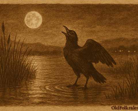 Sepia-toned illustration on aged parchment depicting a moonlit Paraguayan marsh. A solitary dark marsh bird stands in shallow water among tall reeds, wings slightly spread as it cries into the night. Ripples radiate from its feet, reflecting the full moon above. In the distance, faint village lights glow, emphasizing the scene’s mood of loneliness and mourning. “OldFolktales.com” is inscribed in the bottom right corner.
