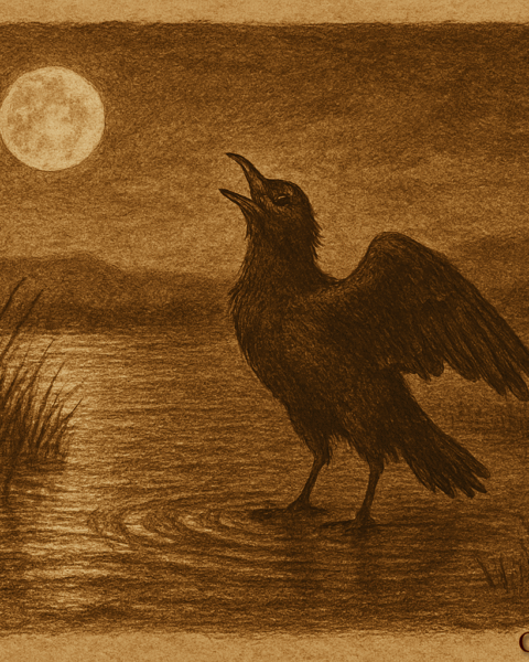 Sepia-toned illustration on aged parchment depicting a moonlit Paraguayan marsh. A solitary dark marsh bird stands in shallow water among tall reeds, wings slightly spread as it cries into the night. Ripples radiate from its feet, reflecting the full moon above. In the distance, faint village lights glow, emphasizing the scene’s mood of loneliness and mourning. “OldFolktales.com” is inscribed in the bottom right corner.