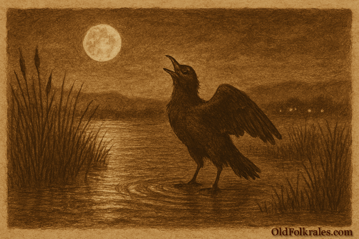 Sepia-toned illustration on aged parchment depicting a moonlit Paraguayan marsh. A solitary dark marsh bird stands in shallow water among tall reeds, wings slightly spread as it cries into the night. Ripples radiate from its feet, reflecting the full moon above. In the distance, faint village lights glow, emphasizing the scene’s mood of loneliness and mourning. “OldFolktales.com” is inscribed in the bottom right corner.