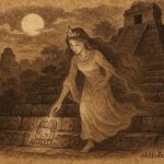 Parchment style artwork of Tikal princess carving glyphs at night in Maya legend.