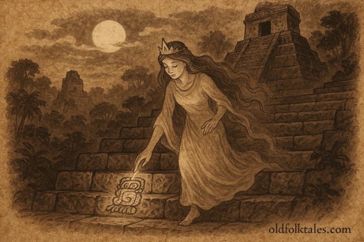 Parchment style artwork of Tikal princess carving glyphs at night in Maya legend.