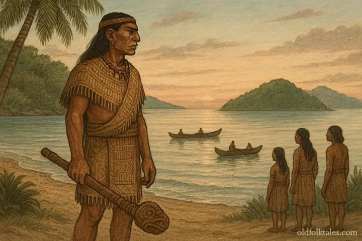 Guahayona departing by canoe from a Taíno village after breaking a sacred covenant, symbolizing betrayal and separation