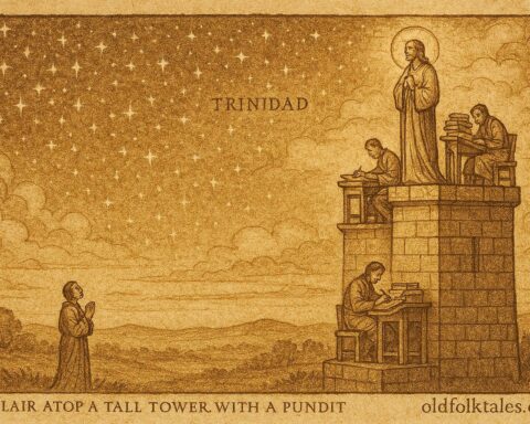 Parchment-style artwork of St. Clair counting stars from a tower, Trinidad folktale scene.