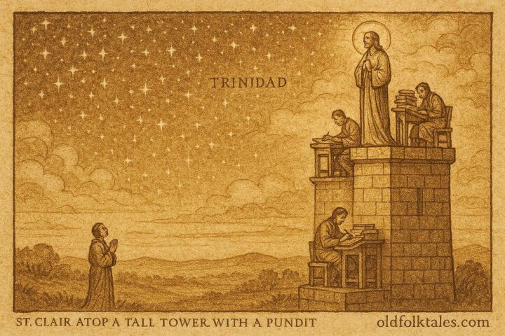 Parchment-style artwork of St. Clair counting stars from a tower, Trinidad folktale scene.