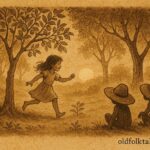 Parchment-style artwork of douen spirits and a child in a Trinidad folktale forest.