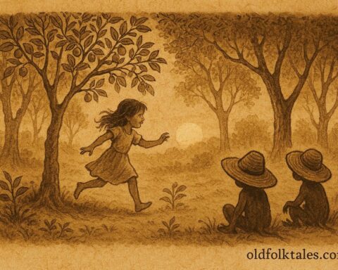 Parchment-style artwork of douen spirits and a child in a Trinidad folktale forest.