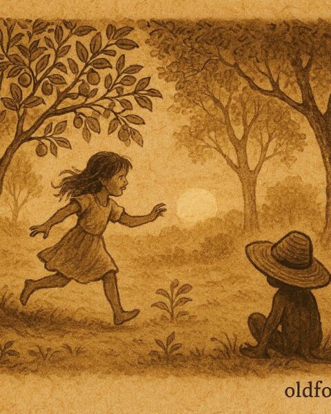 Parchment-style artwork of douen spirits and a child in a Trinidad folktale forest.