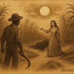 Parchment style artwork of La Diablesse luring a cane cutter in Caribbean folklore.