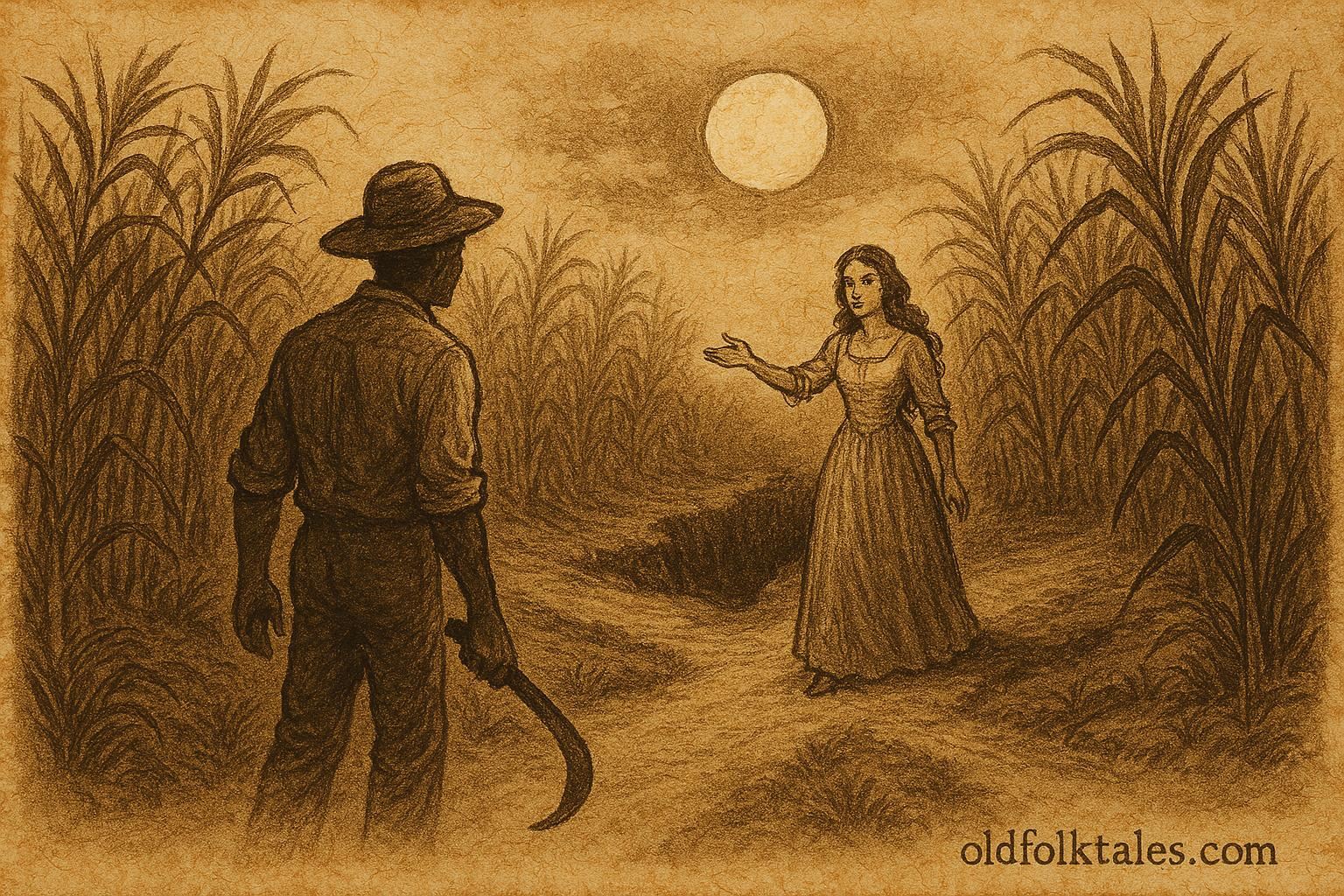 Parchment style artwork of La Diablesse luring a cane cutter in Caribbean folklore.