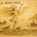 Parchment-style illustration of La Pincoya dancing over waves, Chilote legend, Chilean sea spirit.