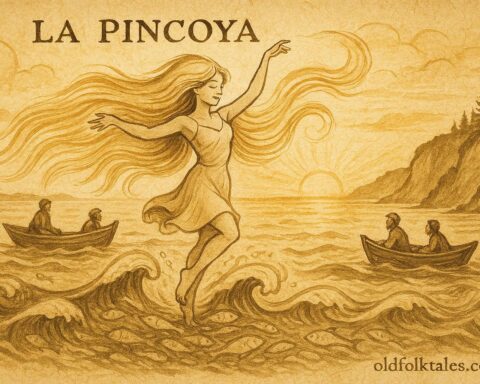 Parchment-style illustration of La Pincoya dancing over waves, Chilote legend, Chilean sea spirit.