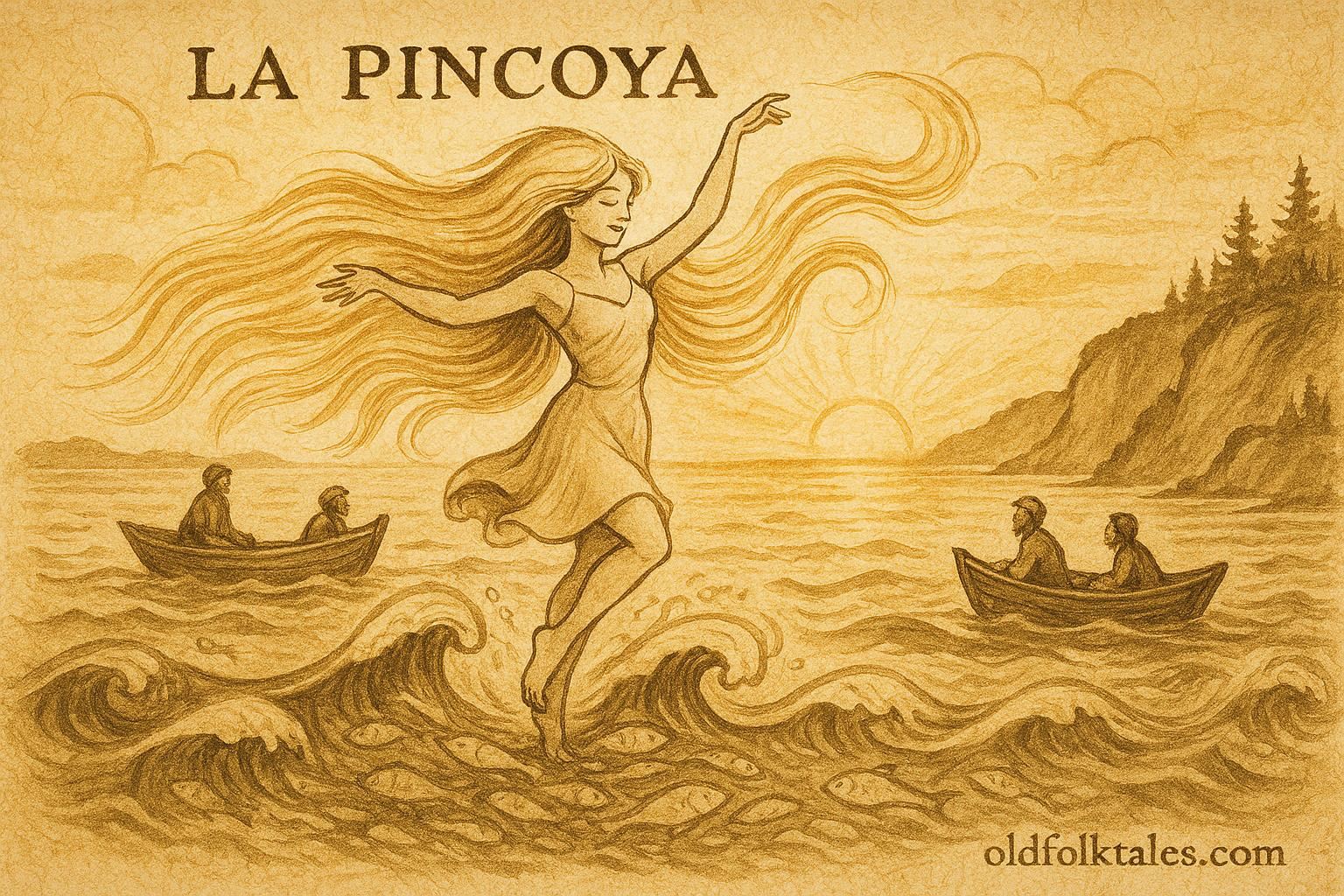 Parchment-style illustration of La Pincoya dancing over waves, Chilote legend, Chilean sea spirit.