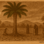 Sepia-toned illustration on aged parchment showing a tall mbocayá palm tree with a thick, ridged trunk and wide green fronds rising from cracked red earth during a drought in ancient Paraguay. Four villagers—two men and two women—stand or kneel in quiet reverence around the tree, symbolizing the Guaraní legend of a youth transformed into a life-giving tree. The background features dry hills, sparse leafless trees, and a hazy sky. "OldFolktales.com" is inscribed at the bottom right.