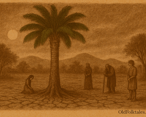 Sepia-toned illustration on aged parchment showing a tall mbocayá palm tree with a thick, ridged trunk and wide green fronds rising from cracked red earth during a drought in ancient Paraguay. Four villagers—two men and two women—stand or kneel in quiet reverence around the tree, symbolizing the Guaraní legend of a youth transformed into a life-giving tree. The background features dry hills, sparse leafless trees, and a hazy sky. "OldFolktales.com" is inscribed at the bottom right.