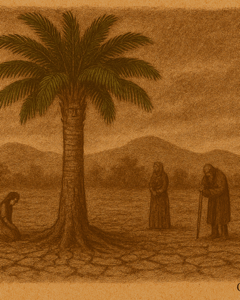 Sepia-toned illustration on aged parchment showing a tall mbocayá palm tree with a thick, ridged trunk and wide green fronds rising from cracked red earth during a drought in ancient Paraguay. Four villagers—two men and two women—stand or kneel in quiet reverence around the tree, symbolizing the Guaraní legend of a youth transformed into a life-giving tree. The background features dry hills, sparse leafless trees, and a hazy sky. "OldFolktales.com" is inscribed at the bottom right.