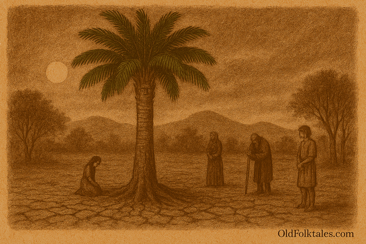 Sepia-toned illustration on aged parchment showing a tall mbocayá palm tree with a thick, ridged trunk and wide green fronds rising from cracked red earth during a drought in ancient Paraguay. Four villagers—two men and two women—stand or kneel in quiet reverence around the tree, symbolizing the Guaraní legend of a youth transformed into a life-giving tree. The background features dry hills, sparse leafless trees, and a hazy sky. "OldFolktales.com" is inscribed at the bottom right.