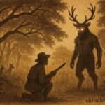 Parchment style illustration of Papa Bois confronting a hunter in Trinidad forest folklore.