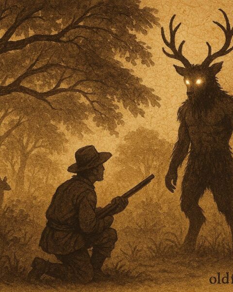 Parchment style illustration of Papa Bois confronting a hunter in Trinidad forest folklore.