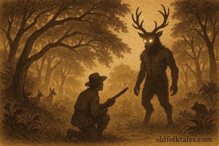 Parchment style illustration of Papa Bois confronting a hunter in Trinidad forest folklore.