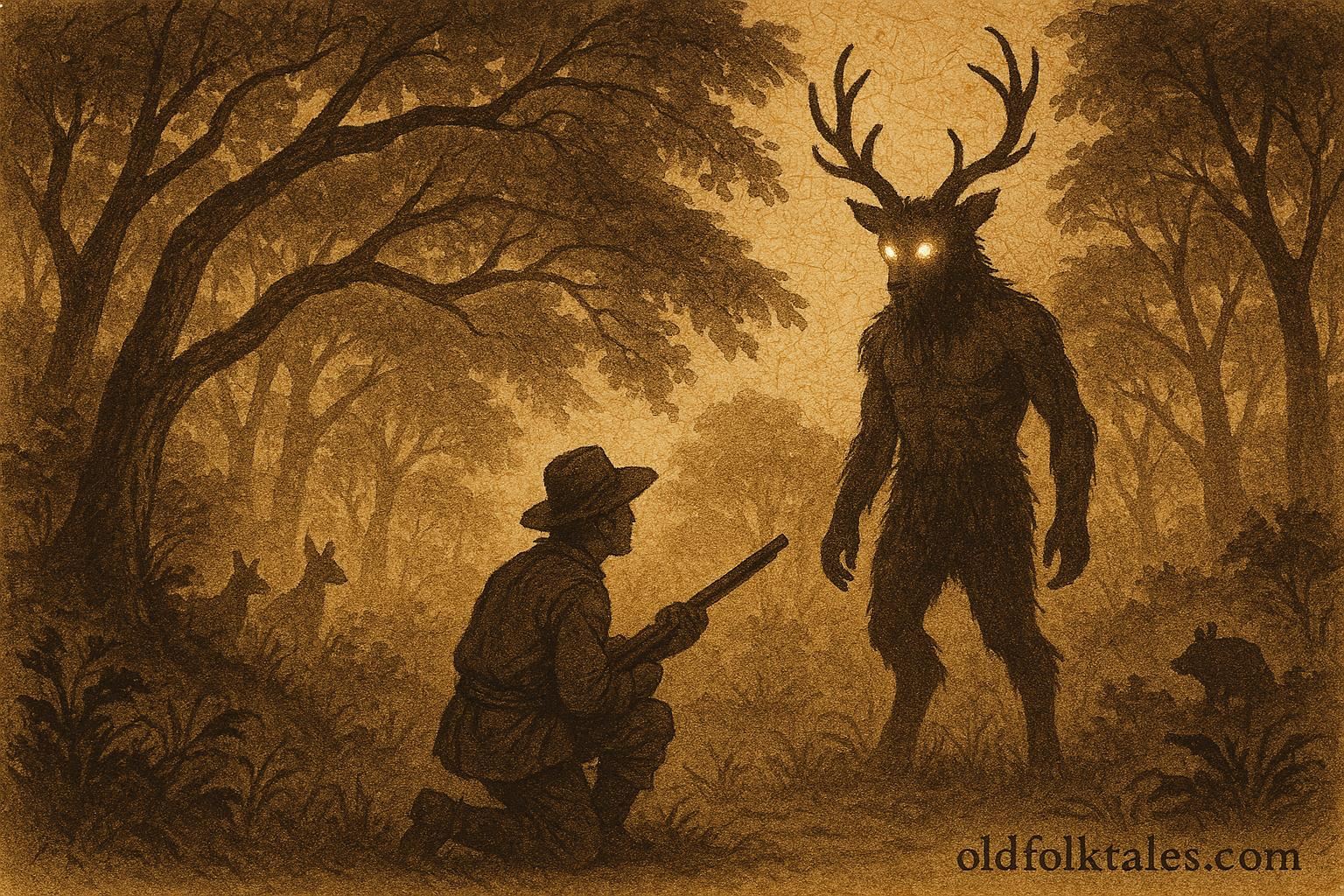 Parchment style illustration of Papa Bois confronting a hunter in Trinidad forest folklore.