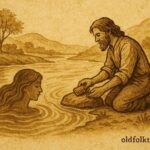 Parchment-style artwork of Elihu honoring River Mumma by the Arima River, Trinidad folktale.