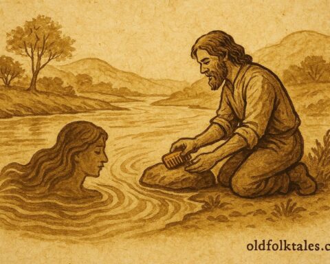 Parchment-style artwork of Elihu honoring River Mumma by the Arima River, Trinidad folktale.