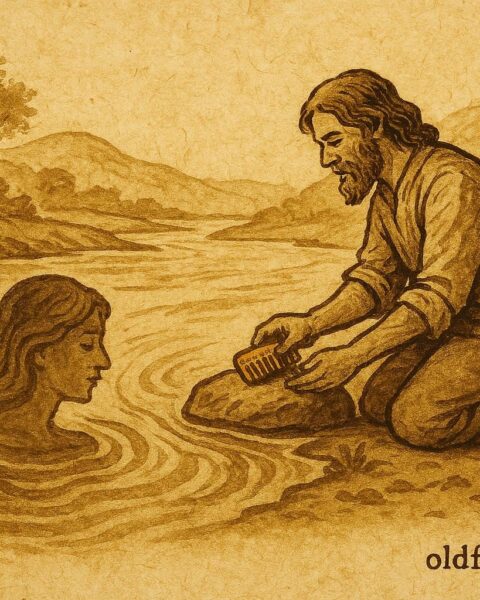 Parchment-style artwork of Elihu honoring River Mumma by the Arima River, Trinidad folktale.