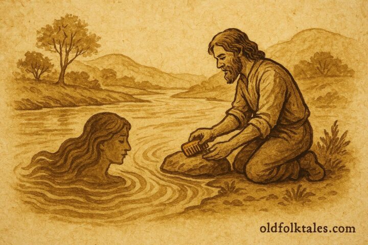 Parchment-style artwork of Elihu honoring River Mumma by the Arima River, Trinidad folktale.