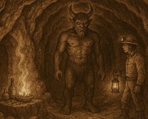 ALT TEXT Sepia-toned illustration on aged parchment showing Supay, a horned figure from Andean folklore, standing in a shadowy Bolivian mine tunnel with glittering veins of silver and tin. To the left, a shrine glows with offerings of coca leaves, alcohol, and burning llama fat. On the right, a lone miner in a helmet and work clothes hesitates in the lamplight, facing Supay with a mix of reverence and fear. The scene is richly textured with cross-hatching and shading, and “OldFolktales.com” is inscribed in the bottom right corner.