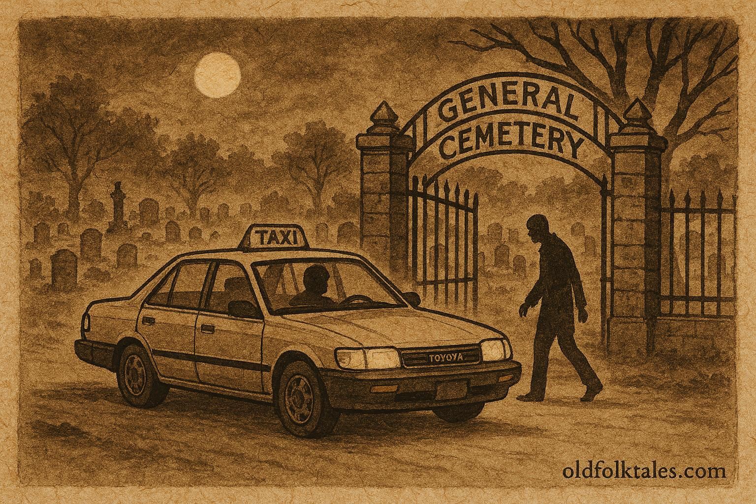 Parchment style artwork of ghostly night taxi at cemetery, Guatemalan urban legend.
