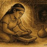 Parchment-style artwork of an alux watching cacao making, Belizean Maya folktale.