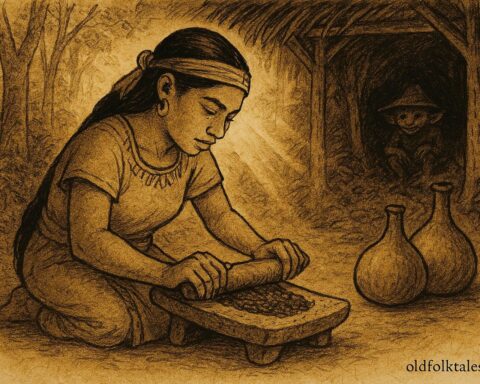 Parchment-style artwork of an alux watching cacao making, Belizean Maya folktale.