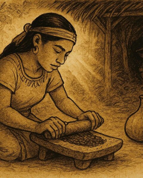 Parchment-style artwork of an alux watching cacao making, Belizean Maya folktale.