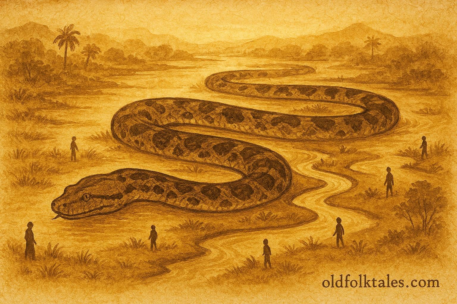 Parchment-style illustration of the Anaconda Mother forming rivers, Amazonian creation folktale.
