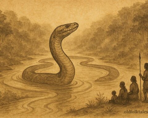 Parchment-style artwork of giant anaconda in river, Amazonian folktale scene.