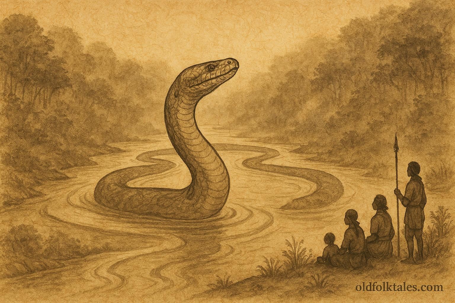 Parchment-style artwork of giant anaconda in river, Amazonian folktale scene.
