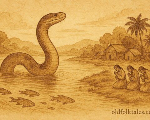 Parchment-style illustration of anaconda guardian gifting fish, Amazonian folktale scene.