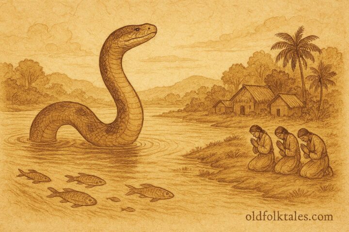 Parchment-style illustration of anaconda guardian gifting fish, Amazonian folktale scene.